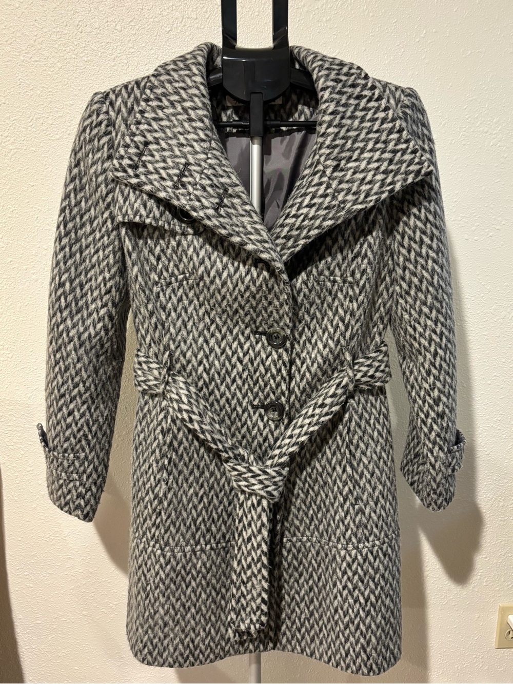 Kenneth Cole Black and Gray Herringbone Belted Trench Coat